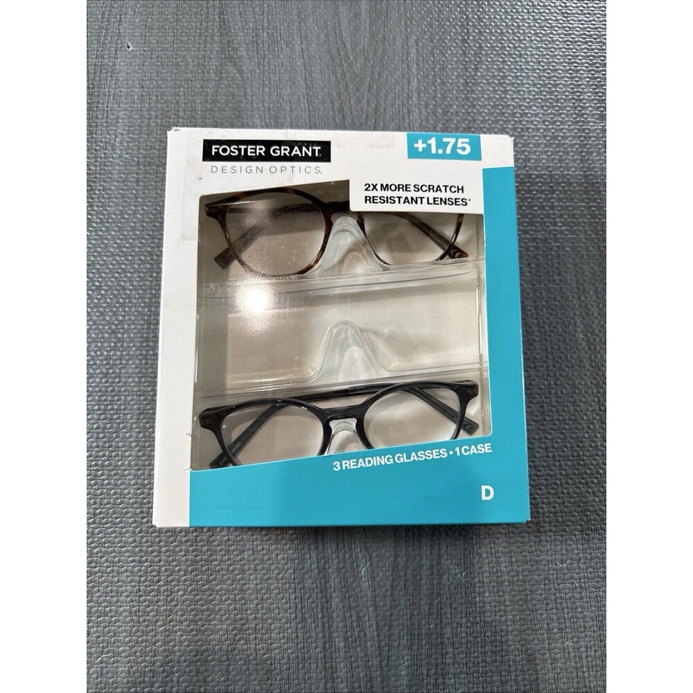 Foster Grant Full rim plastic reading Glasses 2 Pack +1.75 Style D Missing 1pair